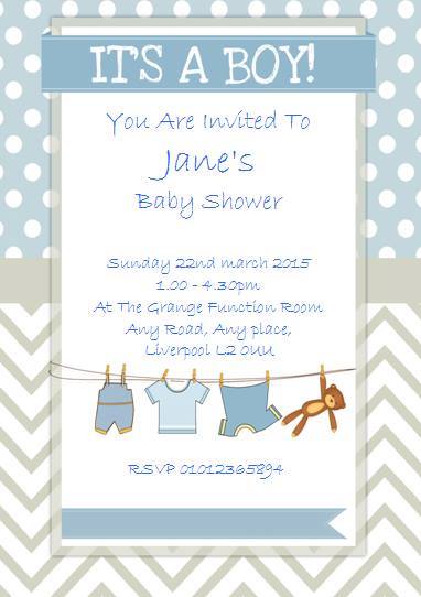 Unique Blue & White Baby Shower Invitations wash line design Ref B6 washline