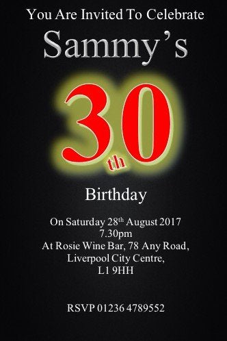 Black personalised birthday invitation with bold red age number font REF B101 can be made for any age & suprise can be added