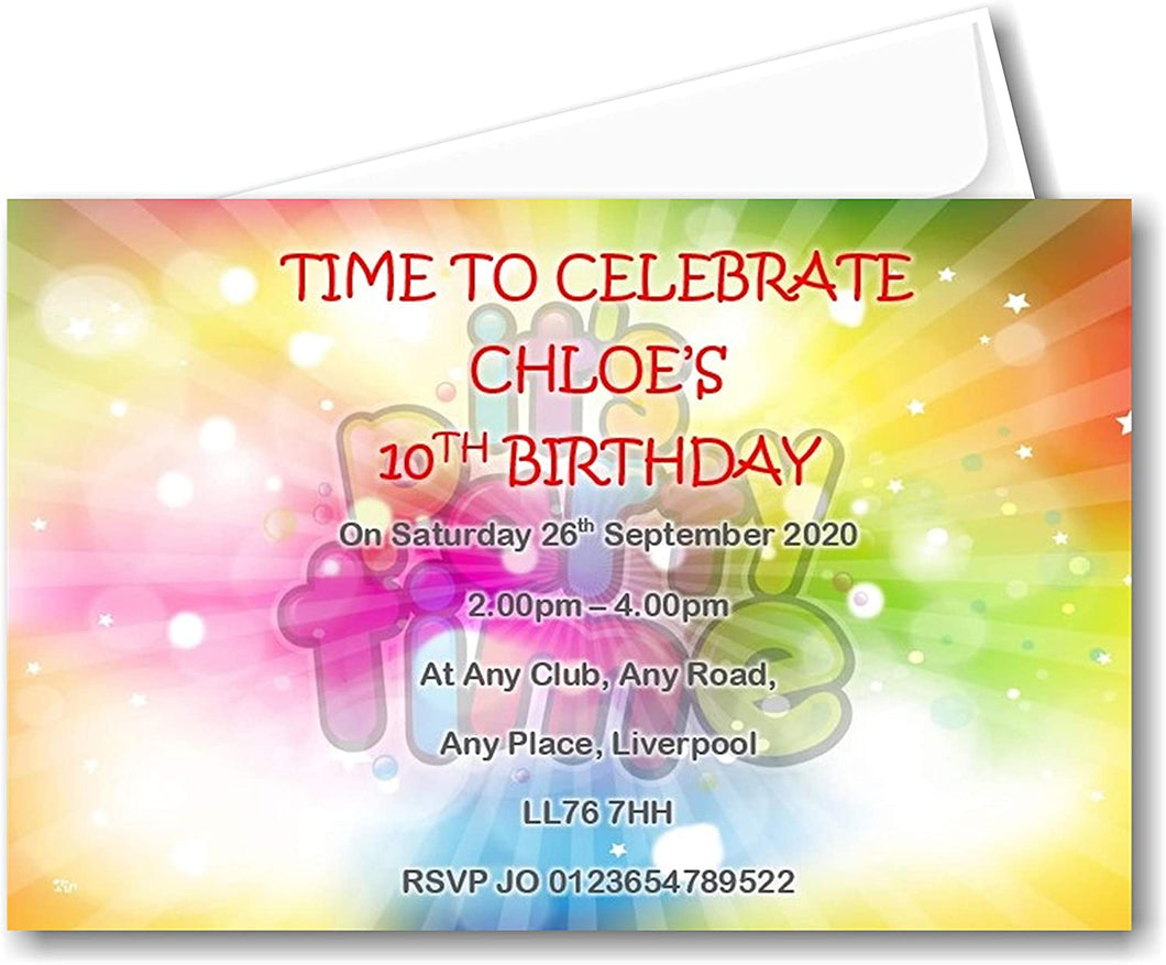 Personalised Its Party Time Colorful Birthday party invitations REF BD82 Any age can be done