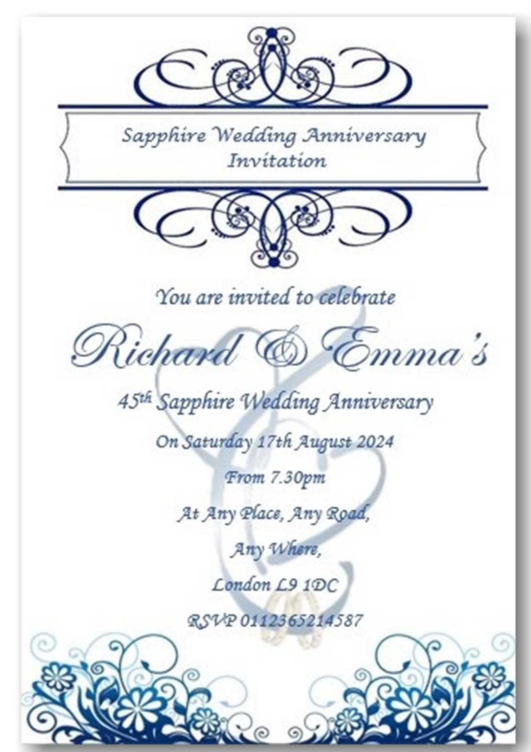 Beautiful Sapphire Wedding Anniversary Invitations Personalised REF A15