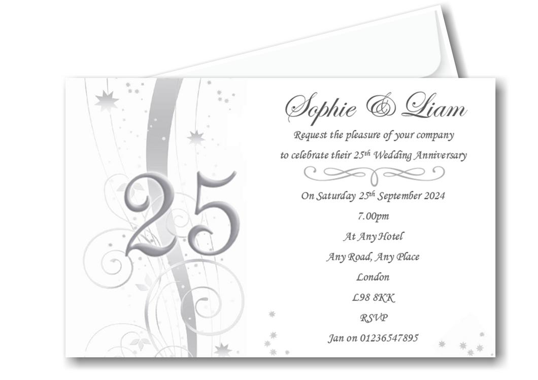 Beautiful Silver Wedding Anniversary Invitations Personalised REF A9