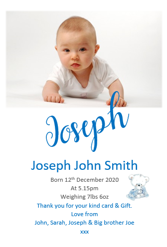 Beautiful Blue & White Baby Annoucement cards, with photo of your baby a truely lovely keepsake Ref AC23