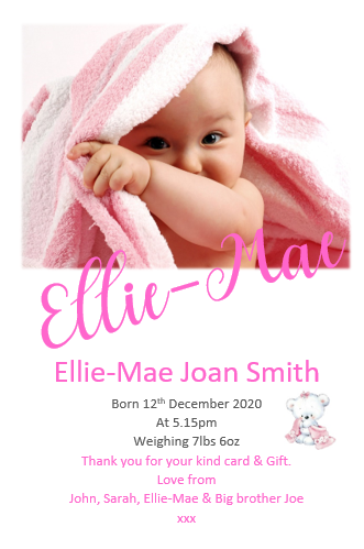 Beautiful Pink & White Baby Annoucement cards, with photo of your baby a truely lovely keepsake Ref AC24