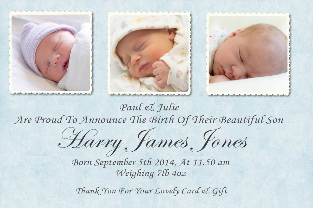 Beautiful & Elegant Blue 3 Photo Baby Annoucement cards, something to treasure for years to come. Ref AC3 blue