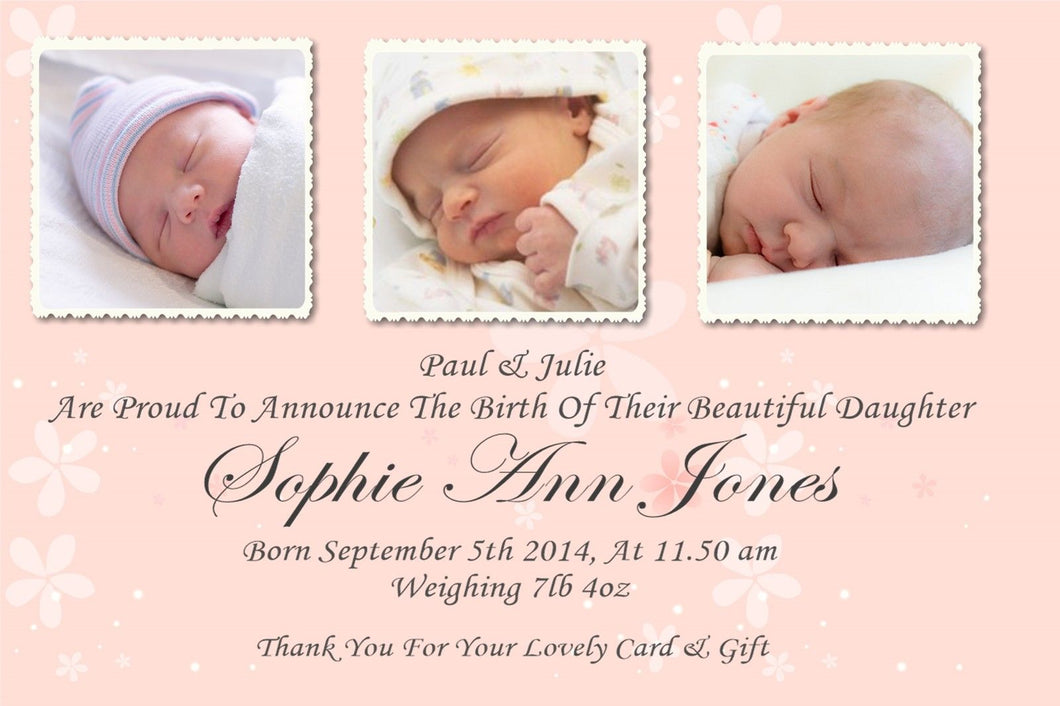 Beautiful & Elegant Pink 3 Photo Baby Annoucement cards, something to treasure for years to come. Ref AC4 pink