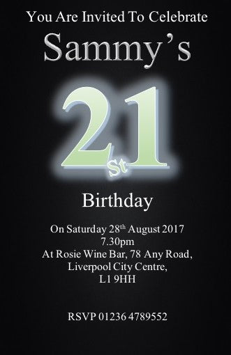 Black personalised birthday invitation with bold age number font REF B102 can be made for any age & surprise can be added