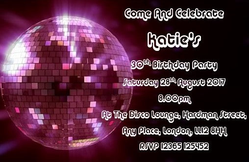 Personalised Disco birthday party invitation REF B103 can be made for any age & suprise can be added