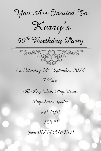 Silver personalised birthday party / celebration invitation REF B106 can be made for any age