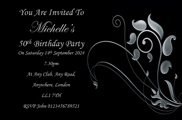 Black & grey personalised birthday party / celebration invitation REF B108 can be made for any age