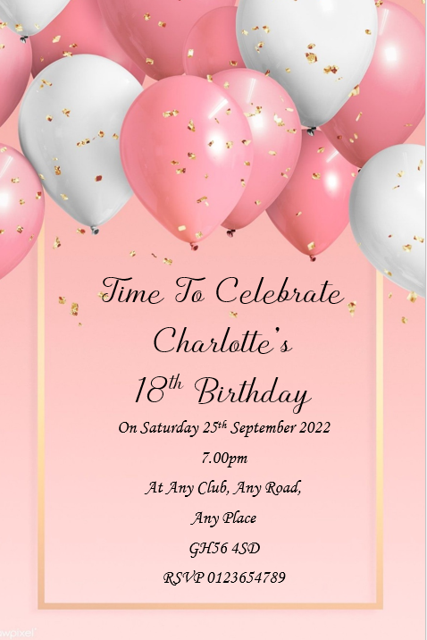 Beautiful pink balloon Personalised Birthday party invitations REF B10 Any age can be done