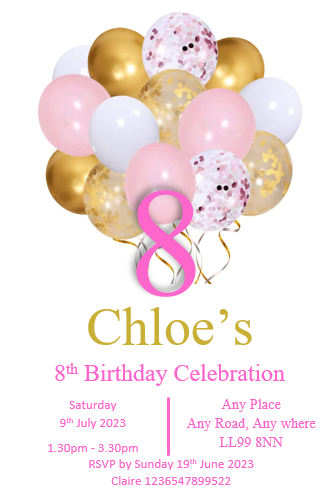 Personalised pink, white and gold balloons Birthday party invitations REF BB110 Any age can be done