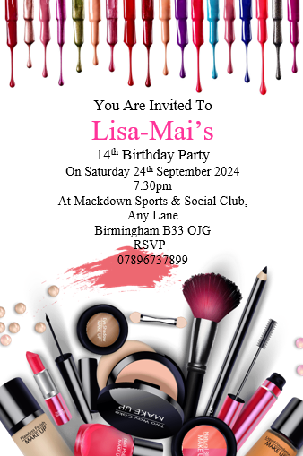 Personalised makeup Birthday party invitations REF B113 Any age can be done