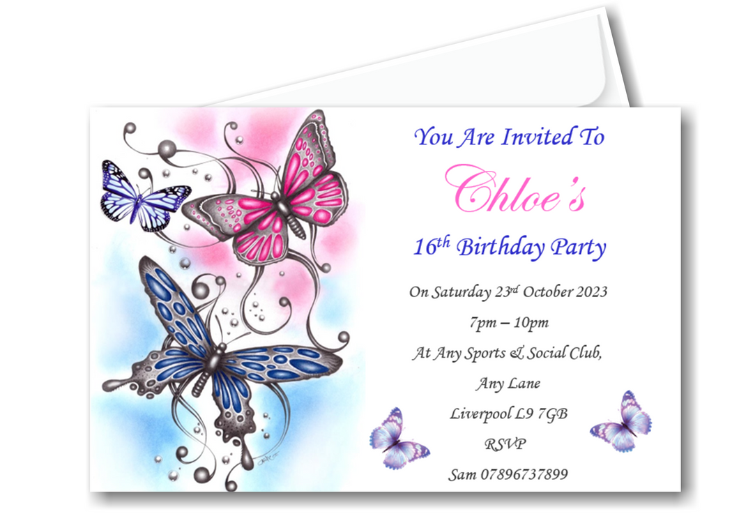 Personalised pink & white butterfly Birthday party invitations REF B114 Any age can be done