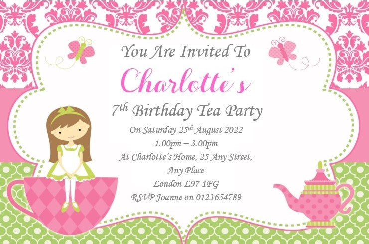 Personalised Tea Party Birthday invitations REF B11 Any age can be done