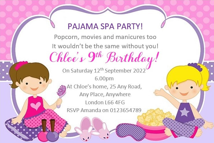 Personalised pajamma spa Birthday party invitations REF B14 Any age can be done