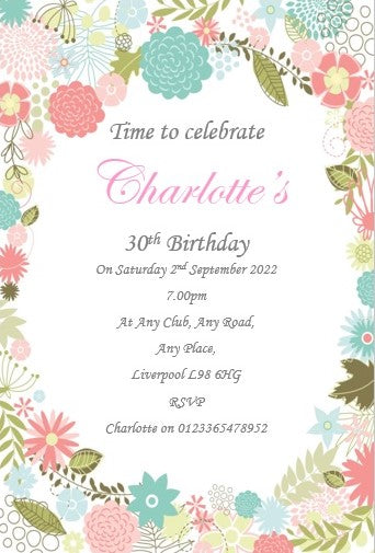 Floral design personalised birthday celebration invitation REF B15 can be made for any age surprise can be added