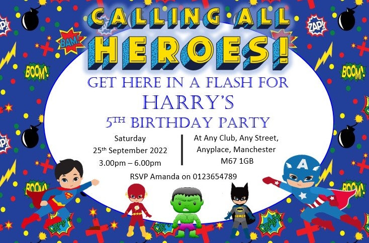 Personalised Super heroes blue Birthday party invitations REF B22 Any age can be done