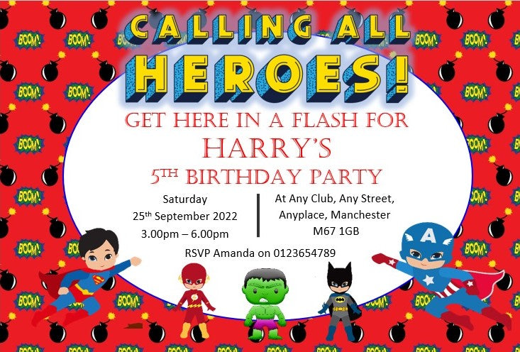 Personalised Super heroes red Birthday party invitations REF B23 Any age can be done