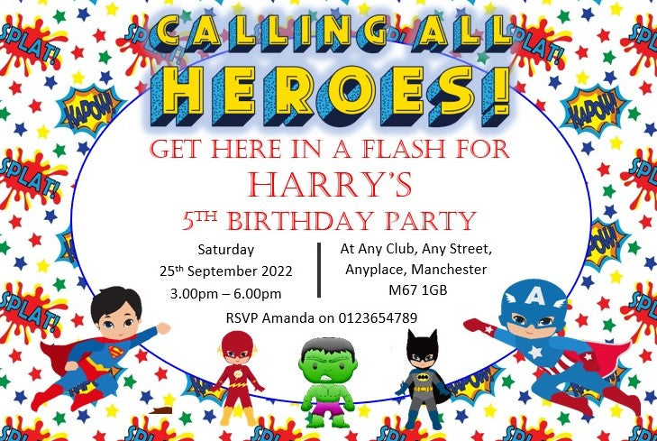 Personalised Super heroes white Birthday party invitations REF B24 Any age can be done