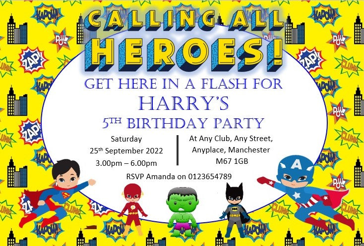 Personalised Super heroes yellow Birthday party invitations REF B25 Any age can be done