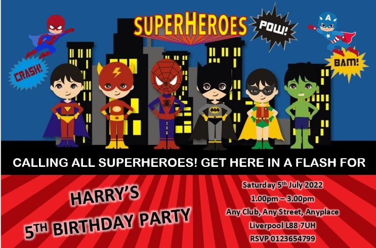 Personalised Super heroes red & blue Birthday party invitations REF B26 Any age can be done