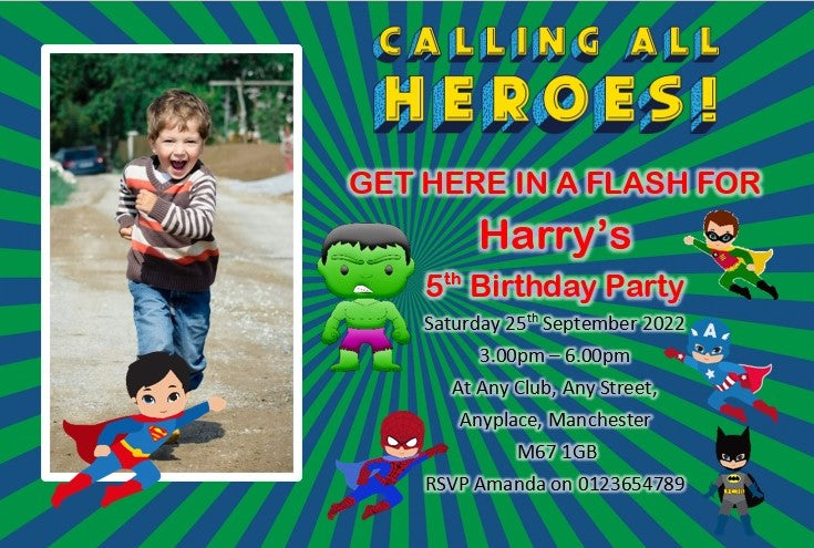 Personalised Super heroes multi mix Birthday party invitations REF B27 Any age can be done