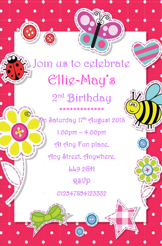 Personalised Butterfly, bee & flower Birthday party invitations  REF B2 Any age can be done