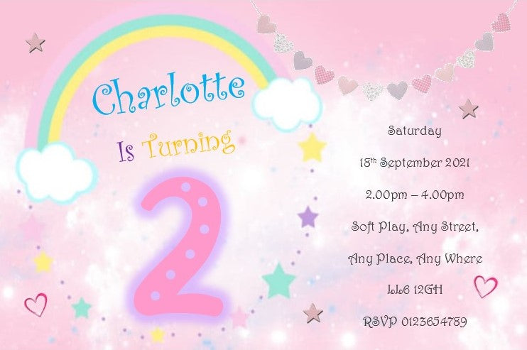 Personalised pink with colorful rainbow Cute Birthday party invitations REF B3 Any age can be done