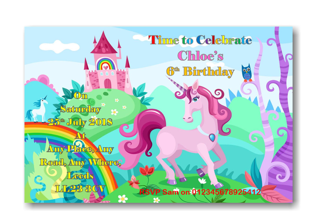 Personalised Unicorn rainbow colorful Birthday party invitations  REF B50 Any age can be done