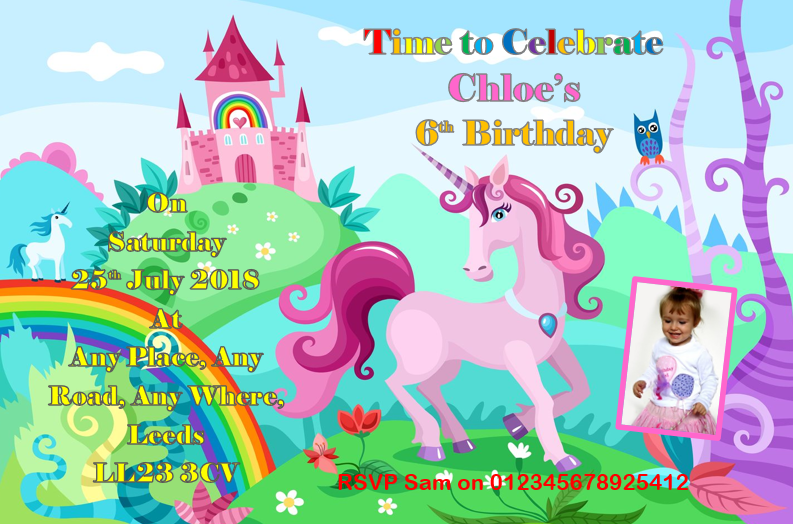 Personalised Unicorn & rainbow Birthday party invitations with childs photo on REF B51 Any age can be done