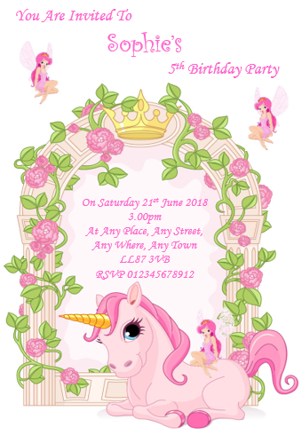 Unicorn & flower arch personalised Birthday party invitations REF B52 Any age can be done