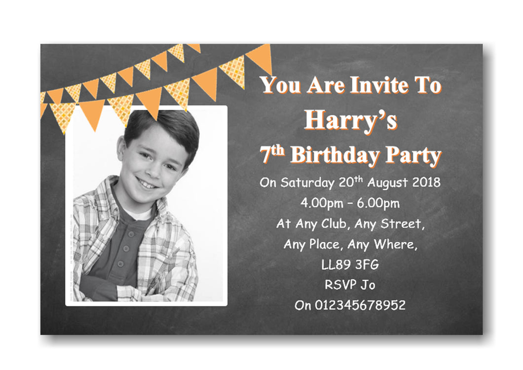 Personalised chalkboard and bunting Birthday party invitations with own photo on REF B55 Any age can be done