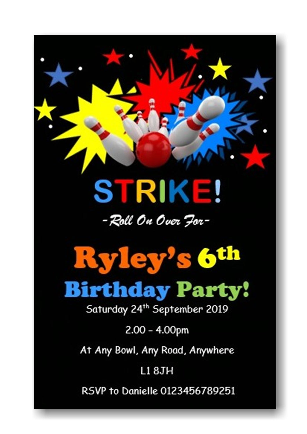 Bowling Personalised Birthday party invitations REF B58 Any age can be done