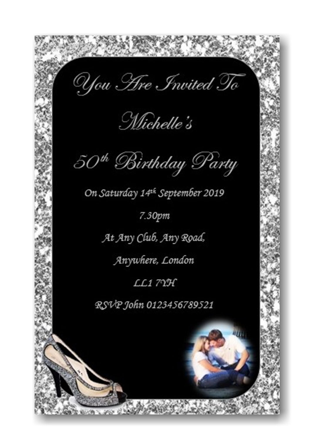 Black & silver personalised birthday party invitation with photo REF B59 can be made for any age surprise can be added