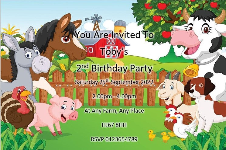 Personalised Farm Yard Animals Birthday party invitations REF B5 Any age can be done