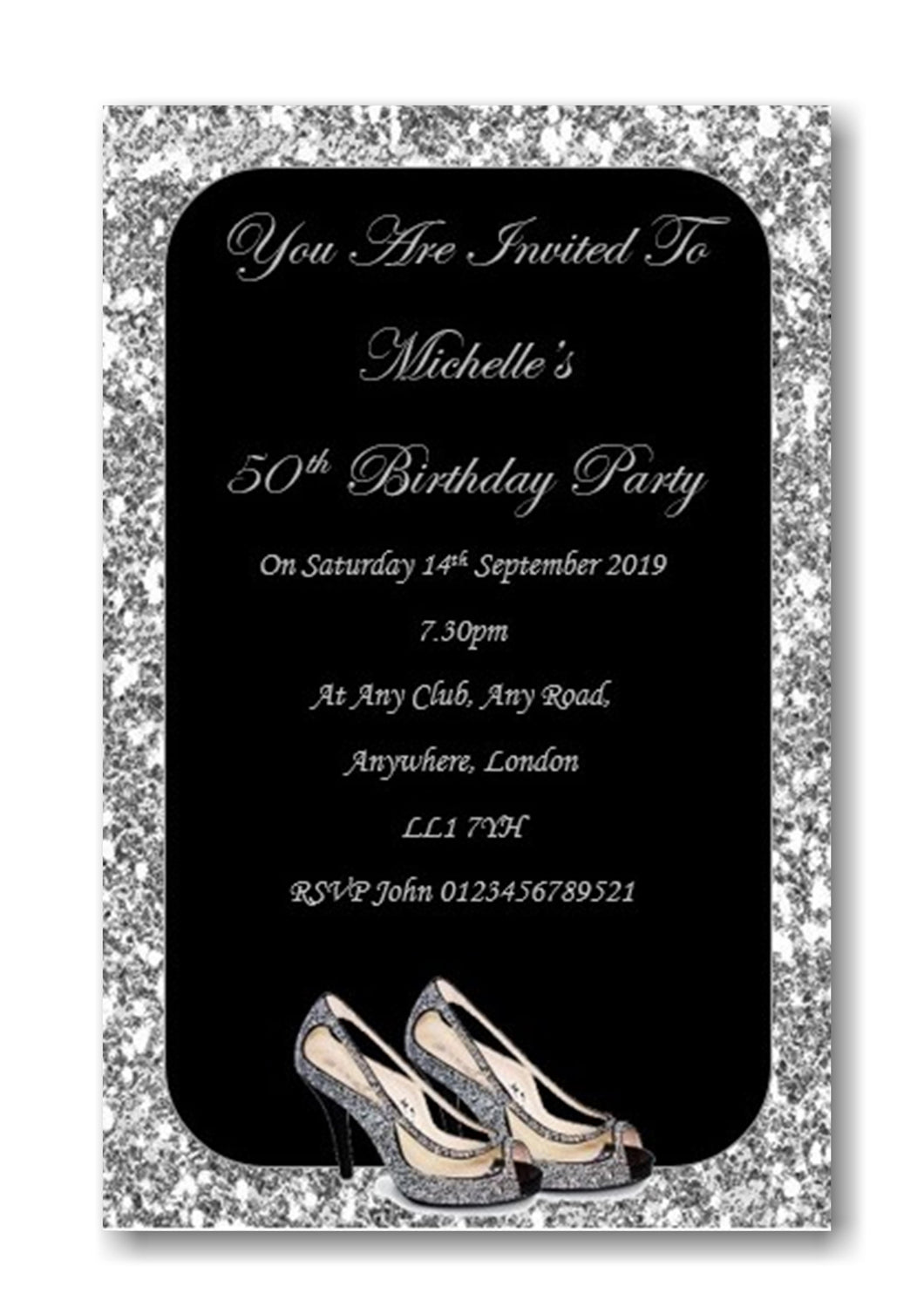 Stunning black & silver personalised birthday party invitation REF B60 can be made for any age surprise can be added