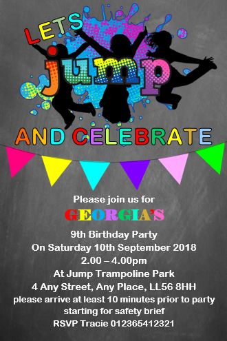 Personalised Trampoline let's jump Birthday party invitations REF B61 Any age can be done