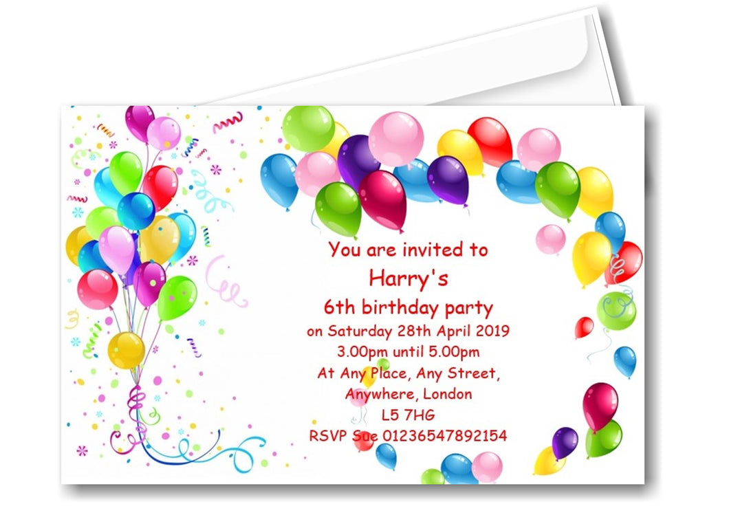 Personalised Multi Color Balloon Birthday party invitations unisex REF B63 Any age can be done