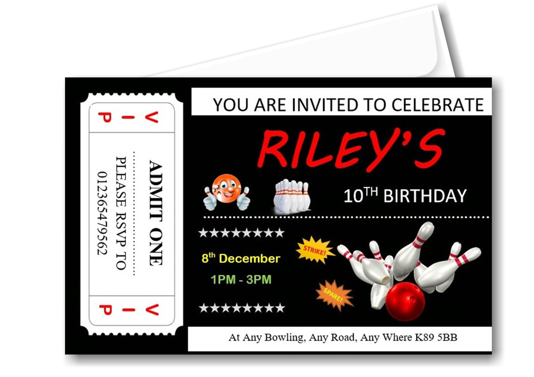 Personalised Bowling Birthday party invitations REF B66 Any age can be done