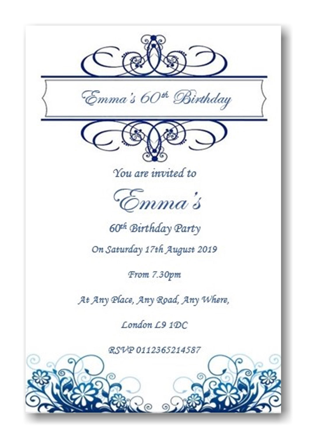 Stunning Blue & white birthday party invitation REF B67 can be made for any age surprise can be added