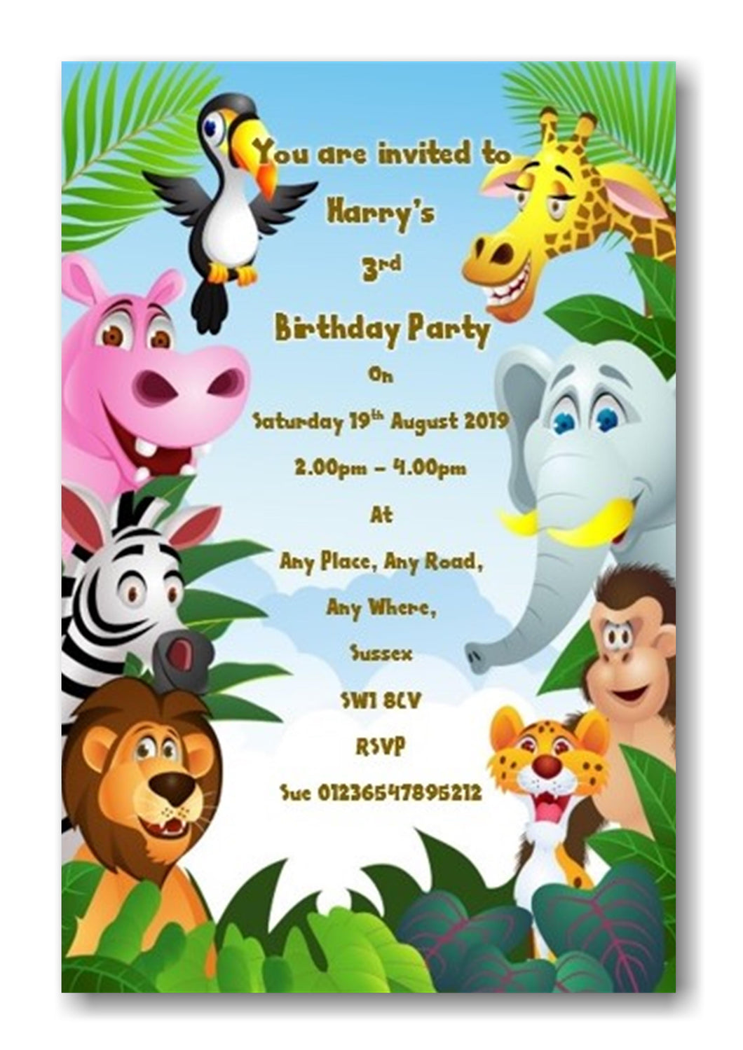 Personalised Colorful jungle themed Birthday party invitations REF B69 Any age can be done