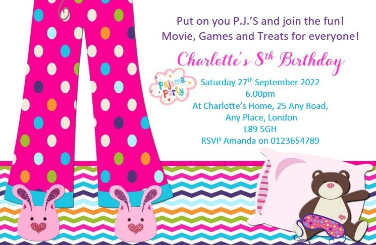 Personalised pajama party Birthday invitations REF B6 Any age can be done