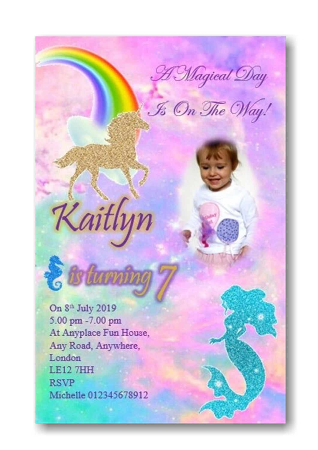 Unicorn & mermaid Personalised Birthday party invitations with own photo on REF B70 Any age can be done