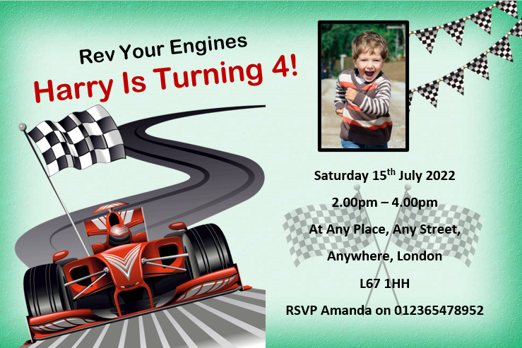 Personalised racing car Birthday party invitations with own photo REF B71 Any age can be done