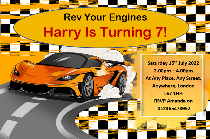 Personalised racing car Birthday party invitations REF B72 Any age can be done