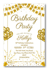 Load image into Gallery viewer, Gold &amp; white party themed birthday party / celebration invitation REF B77 can be made for any age
