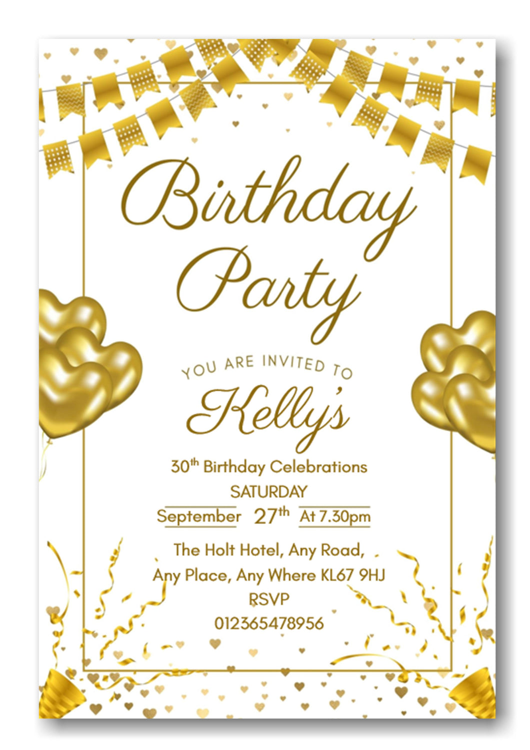 Gold & white party themed birthday party / celebration invitation REF B77 can be made for any age