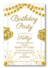 Load image into Gallery viewer, Gold &amp; white party themed birthday party / celebration invitation REF B77 can be made for any age
