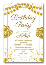 Load image into Gallery viewer, Gold &amp; white party themed birthday party / celebration invitation REF B77 can be made for any age
