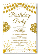 Load image into Gallery viewer, Gold &amp; white party themed birthday party / celebration invitation REF B77 can be made for any age
